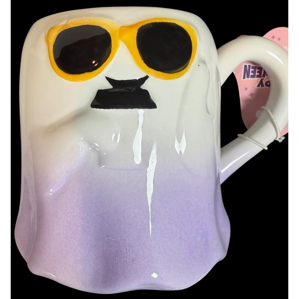 Halloween Coffee/Tea Mug Ceramic White Ghost Drinking Coffee W /Sunglasses